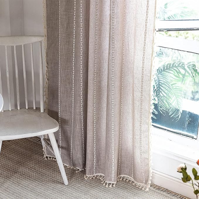 Deeprove Boho Curtains 108 Inches Long for Bedroom Living Room Patio, Bohemian Embroidery Cotton Linen French Country Window Treatment Tassel Drape Light Filter, W52 x L108 1 Panel, Natural
