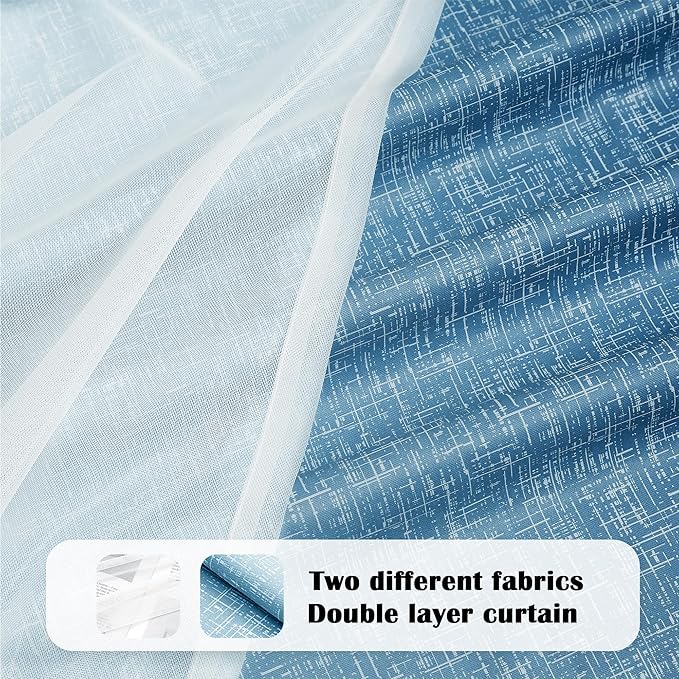 100% Blackout Curtains with Sheer Overlay Mix and Match Double Layer Drapes 54 Inch Length 2 Panels for Bedroom Living Room Blue White Ombre Grommet Window Treatment with Tiebacks