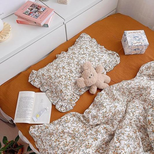BuLuTu Soft Cotton Muslin Kids Toddler Pillowcases Hibiscus Flowers Pattern, Shabby Chic Floral Nursery Pillow Case 14"x20" for Boys Girls, Durable Pillow Cover Ruffle Edges Travel Pillow Cases