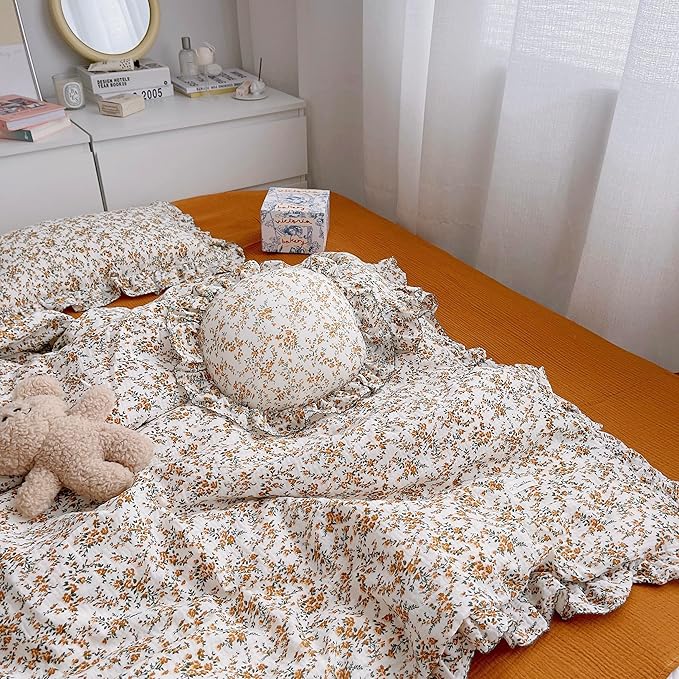 AOJIM Floral Print Kids Muslin Duvet Cover for Girls Boys, Yellow Cotton Baby Toddler Bedding 2 Layer Comforter Cover 59X79'', Ruffled Design Soft Crib Duvet Protector 1pc, No Quilt or Pillowcases