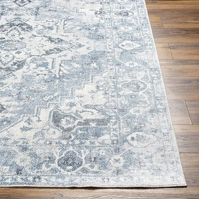Mark&Day Washable Rugs, 7ft Round Moya Traditional Denim Blue Area Rug, Blue Ivory Black Carpet for Living Room, Bedroom or Kitchen (6'7" Round, Machine Washable)