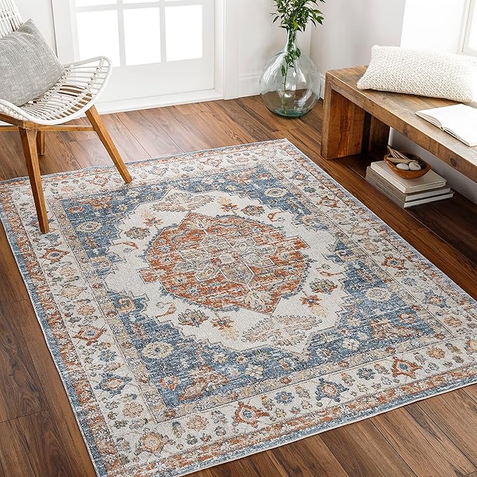 Mark&Day Washable Rugs, 7ft Round Edgerton Traditional Burnt Orange Area Rug, Orange Blue Beige Carpet for Living Room, Bedroom or Kitchen (6'7" Round, Machine Washable)