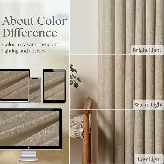 Pleated Linen Curtains 90 Inches Long for Living Room Pinch Pleat Hooks Track System Back Tab Custom Made Memory Shape Drape Privacy Protection Grey Beige Living Room Bedroom Window Curtain 90 Inch