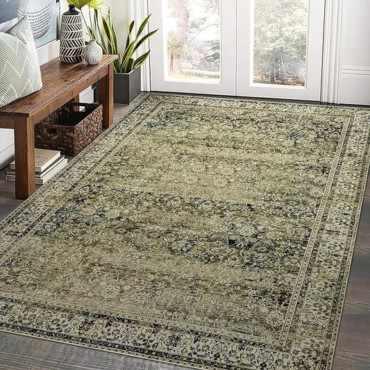 Olive Green Boho Area Rug 5 x7 for Living Room Washable Faux Wool Low Pile Stain Resistant Rubber Backed Cottagecore Neutral Bedroom Nursery Rugs 5x7