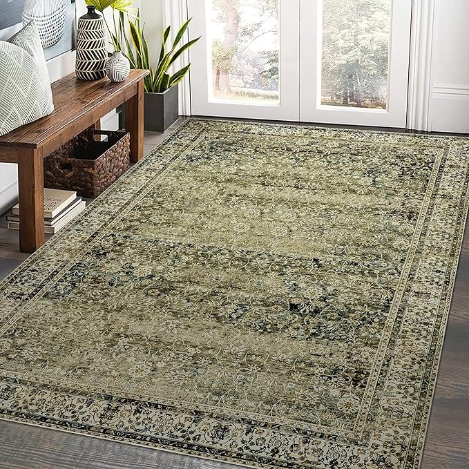 Olive and Tan Boho Front Door Mat for Indoor Entrance Washable Non Slip Cute Vintage Floral Aesthetic Area Rugs for Entryway Entry 4x6
