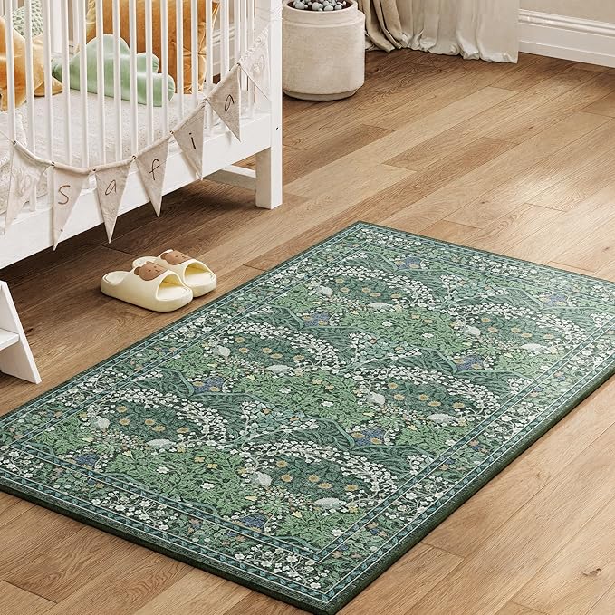 3x5 Washable Dark Green Floral Area Rug for Living Room, Non-Slip Soft Floral Print Vintage Boho Carpet, Forest Green Low Pile Rugs for Bedroom, Dining Room, Indoor Decor