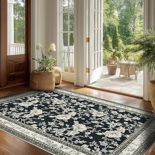 3x5 Black Floral Area Rug for Entryway Soft Washable Modern Boho Farmhouse Rug Non-Slip Taupe Beige Sketch Style Flower Vintage Aesthetic Carpet for Dorms, Bedroom, Office, Dining Room Door Mat 3x5