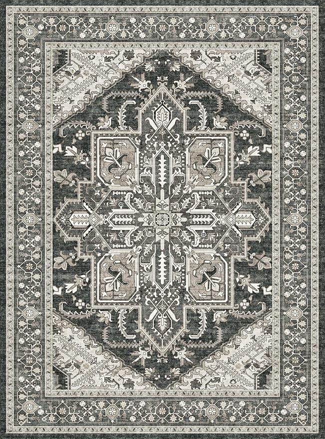 WITSHOCK Black 10x12 Large Living Room Rugs: Washable Modern Vintage Boho Soft Low Pile Stain Resistant Foldable Carpet for Bedroom Playroom Dining Room Office, Distressed Farmhouse Floral Home Decor