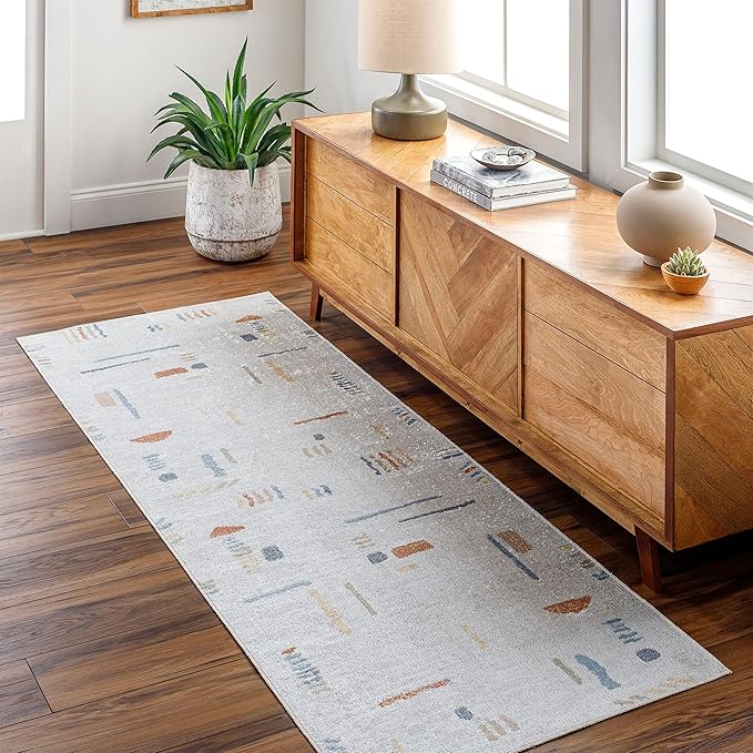 Mark&Day Washable Rugs, 6x9 Elbing Modern Beige Area Rug, Beige Orange Blue Carpet for Living Room, Bedroom or Kitchen (6'7" x 9', Machine Washable)