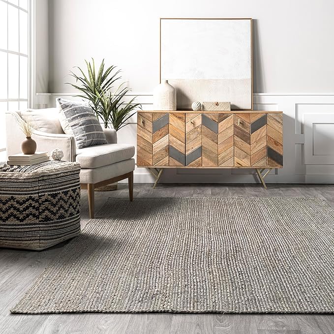 nuLOOM 9x12 Rigo Jute Hand Woven Area Rug, Grey, Solid Farmhouse Design, Natural Fiber, For Bedroom, Living Room, Dining Room, Hallway, Office, Kitchen, Entryway