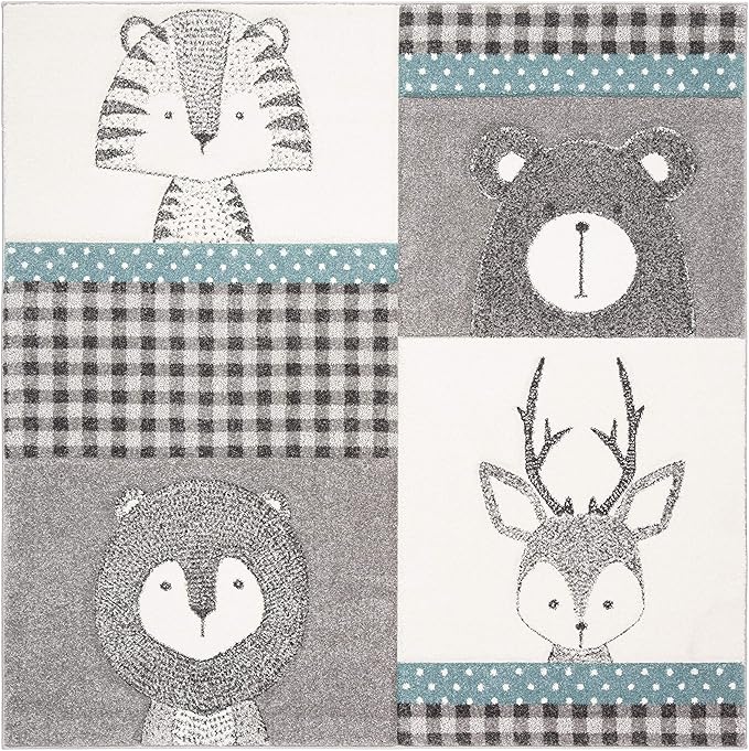 SAFAVIEH Carousel Kids Collection Area Rug - 5'3" Square, Grey & Ivory, Animal Design, Non-Shedding & Easy Care, Ideal for High Traffic Areas for Boys & Girls in Playroom, Nursery, Bedroom (CRK188B)