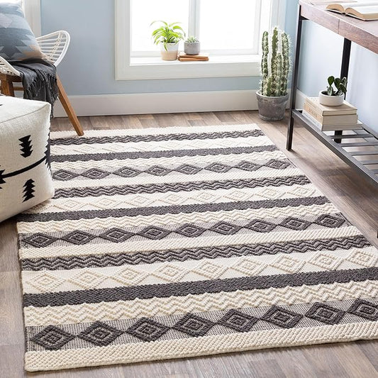 Mark&Day Wool Rugs, 5x7 Selmien Cottage Charcoal Area Rug, White Beige Black Carpet for Living Room, Bedroom or Kitchen (5' x 7'6")