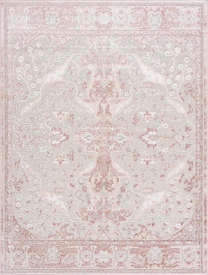 BoutiqueRugs Blush & Light Pink Collection Zora Bohemian Oriental Medallion Large Area Rug - Traditional Floral Carpet for Living Room - Blush, Pale Pink, Cream - 8'10" x 12' (9x12 Area Rug)