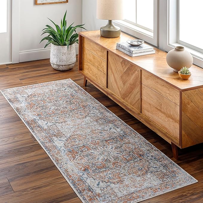 Mark&Day Washable Rugs, 2x4 Dry Ridge Traditional Rust Area Rug, Orange Blue Ivory Carpet for Living Room, Bedroom or Kitchen (2'3" x 3'9", Machine Washable)