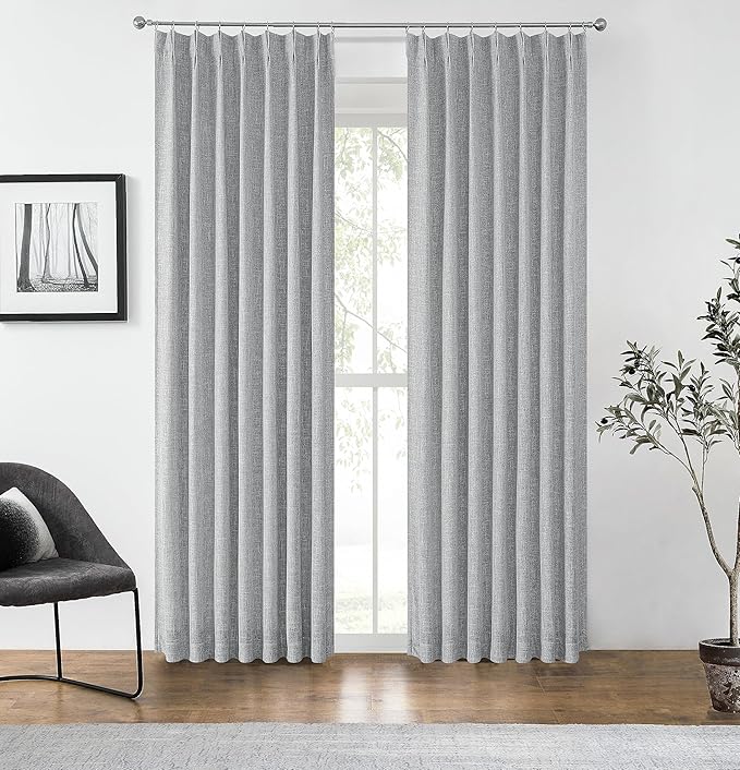 Pinch Pleat Full Blackout Curtain Panel Linen Texture Thermal Insulated Drapery with Blackout Liner for Farmhouse Bedroom 100 Room Darkening Window Treatment Sets with Hooks, Gray, 40"x108"x2