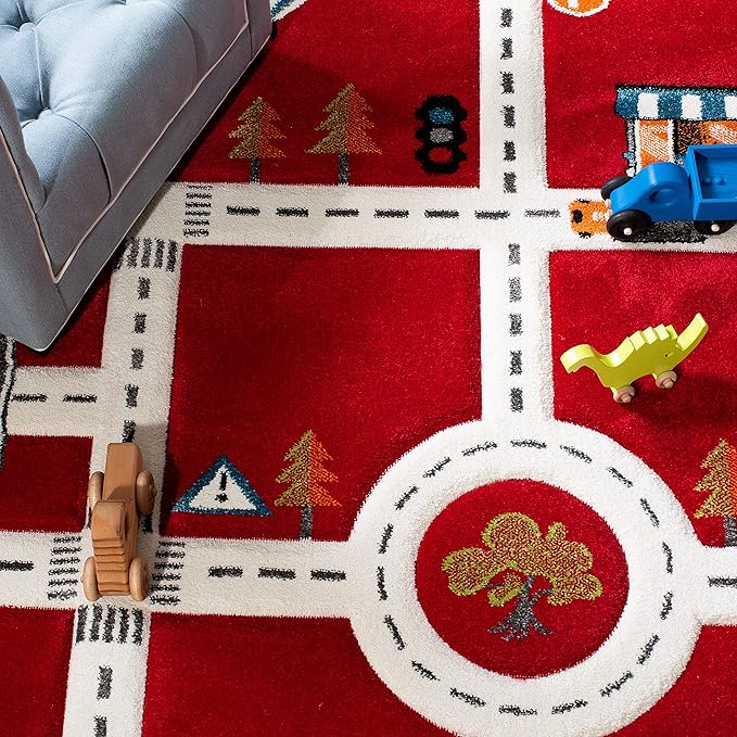 SAFAVIEH Carousel Kids Collection Area Rug - 5'3" x 7'6", Red & Ivory, Non-Shedding & Easy Care, Ideal for High Traffic Areas for Boys & Girls in Playroom, Nursery, Bedroom (CRK192Q)