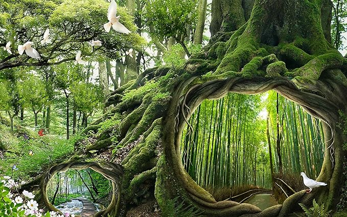 Fantasy Forest Landscape Wall Mural Wallpaper Bamboo and Stream Wallpaper for Bedroom Living Room TV Background Sofa Wall (not self-Adhesive)