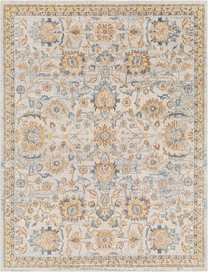 Mark&Day Washable Rugs, 7ft Round Eskridge Traditional Burnt Orange Area Rug, Gray Oatmeal Dark Blue Carpet for Living Room, Bedroom or Kitchen (6'7" Round,Machine Washable)