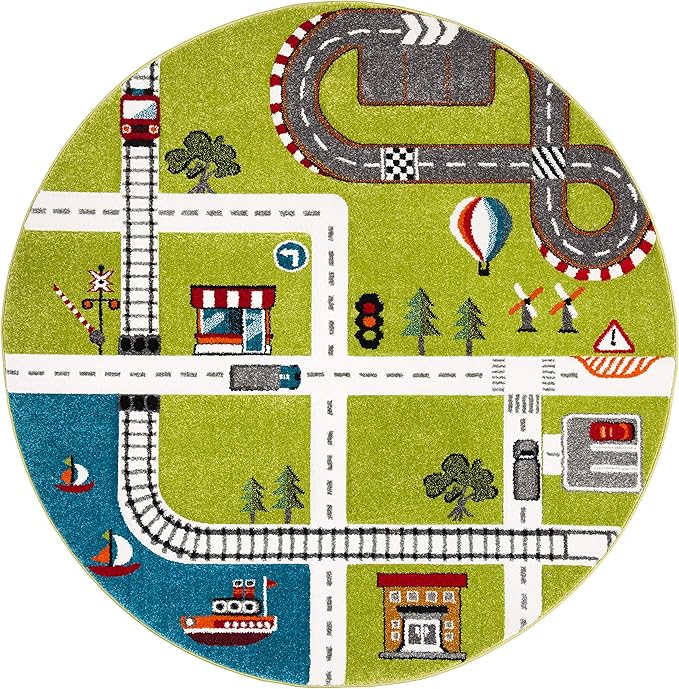 SAFAVIEH Carousel Kids Collection 4' Round Green / Ivory CRK192Y Neighborhood Nursery Playroom Area Rug