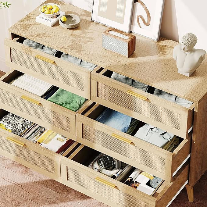 Rovaurx 6 Drawer Double Dresser for Bedroom, Rattan Chest of Dressers, Modern Wooden Dresser Chest with Golden Handles, Beside Table for Closet, Living Room and Entryway, Natural