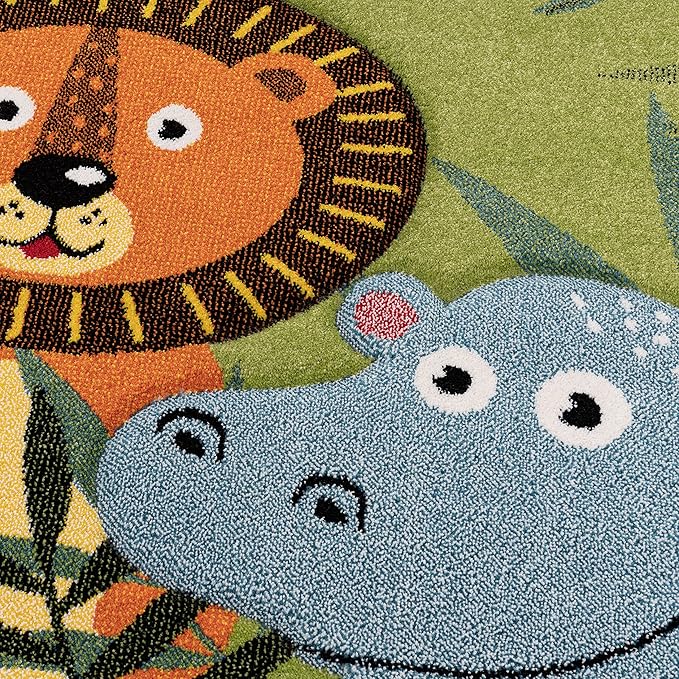 Paco Home Kids Rug with Happy Jungle Animals in Green, Size: 6'7" x 9'6"