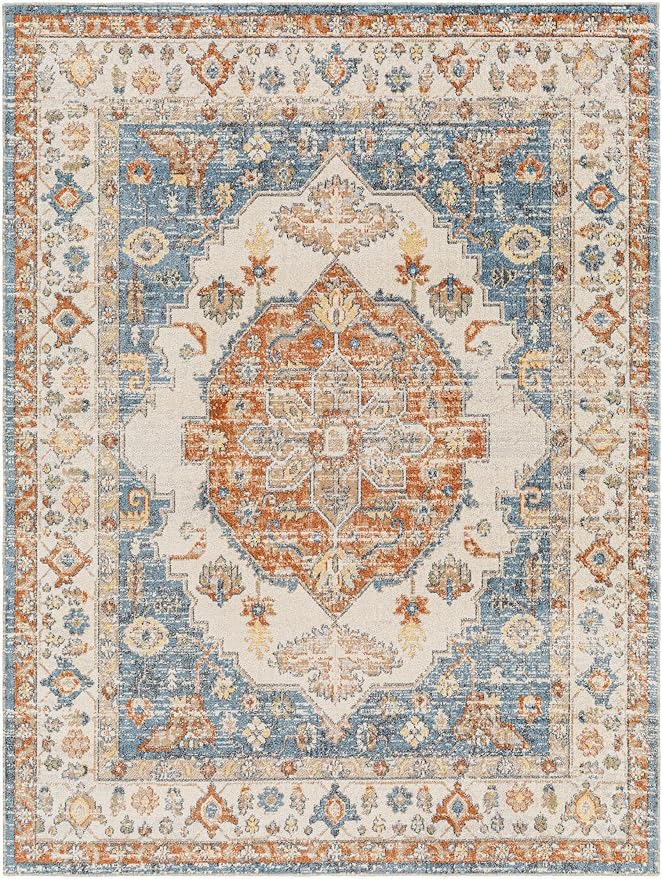 Mark&Day Washable Rugs, 7ft Round Edgerton Traditional Burnt Orange Area Rug, Orange Blue Beige Carpet for Living Room, Bedroom or Kitchen (6'7" Round, Machine Washable)
