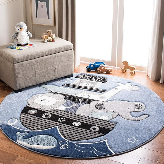 SAFAVIEH Carousel Kids Collection 3' Round Blue/Grey CRK121B Animal Non-Shedding Nursery Playroom Area Rug
