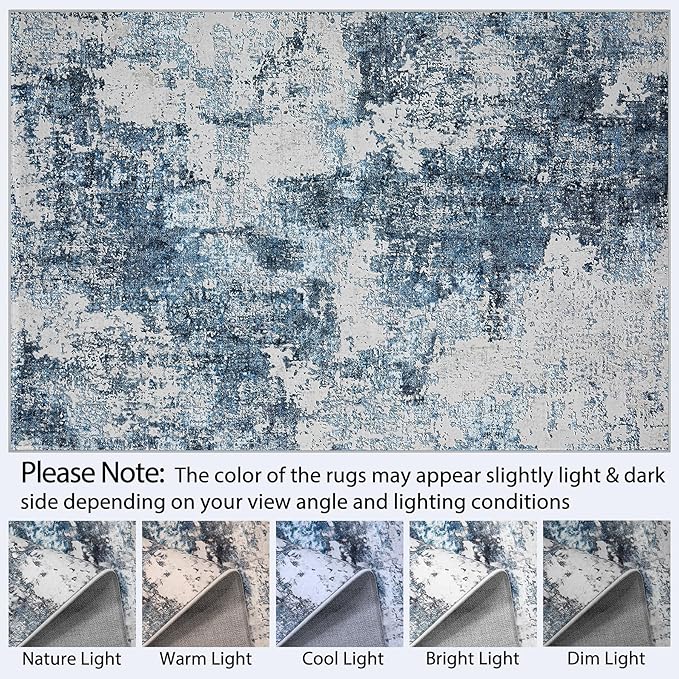 Washable Rug 6x9 Area Rugs: Soft Large Living Room Rug with Anti-Slip Backing Non-Shedding Stain-Resistant Modern Abstract Carpet for Bedroom Dining Room Nursery Home Office-Blue