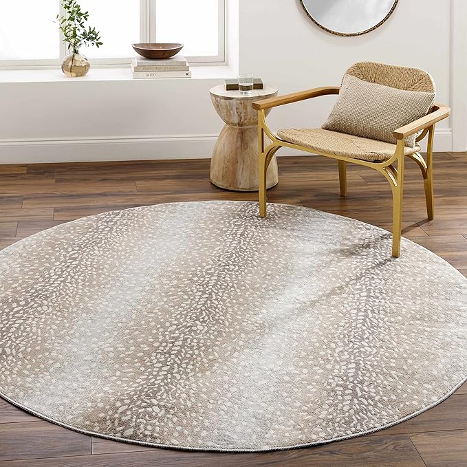 Hauteloom Pointblank Animal Print Living Room, Bedroom Round Area Rug - Pile Height 0.27" - Bohemain Abstract Spotted Farmhouse Rug - Leopard, Dalmatian Carpet - Gray, Brown, Beige - 7'10" Round