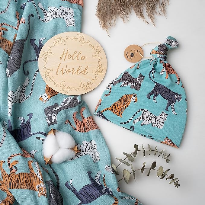 Miaoberry 100% Organic Cotton Baby Muslin Swaddle Blanket Set|Tiger in Teal| Gender Neutral for Boys Girls| Hospital Home Coming Receiving Blanket |Newborn Unisex