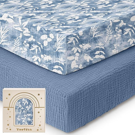 Yoofoss Muslin Pack and Play Sheets Fitted, Organic Mini Crib Sheets for Boys Girls, Playard Sheet Compatible with Pack N Play Mattress, Soft, Breathable and Durable 38"x26"