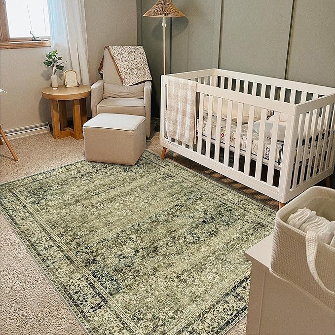 Olive Green Boho Area Rug 5 x7 for Living Room Washable Faux Wool Low Pile Stain Resistant Rubber Backed Cottagecore Neutral Bedroom Nursery Rugs 5x7