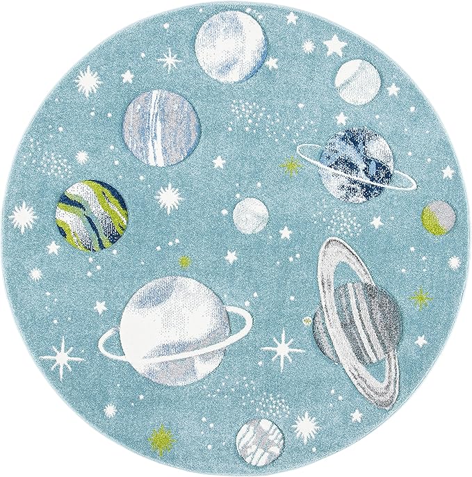 SAFAVIEH Carousel Kids Collection 5'3" Round Teal/Ivory CRK103J Outer Space Non-Shedding Playroom Nursery Bedroom Area Rug