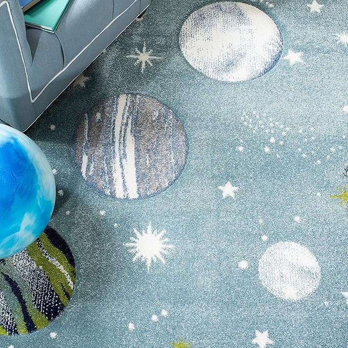 SAFAVIEH Carousel Kids Collection Area Rug - 5'3" Square, Teal & Ivory, Non-Shedding & Easy Care, Ideal for High Traffic Areas for Boys & Girls in Playroom, Nursery, Bedroom (CRK103J)