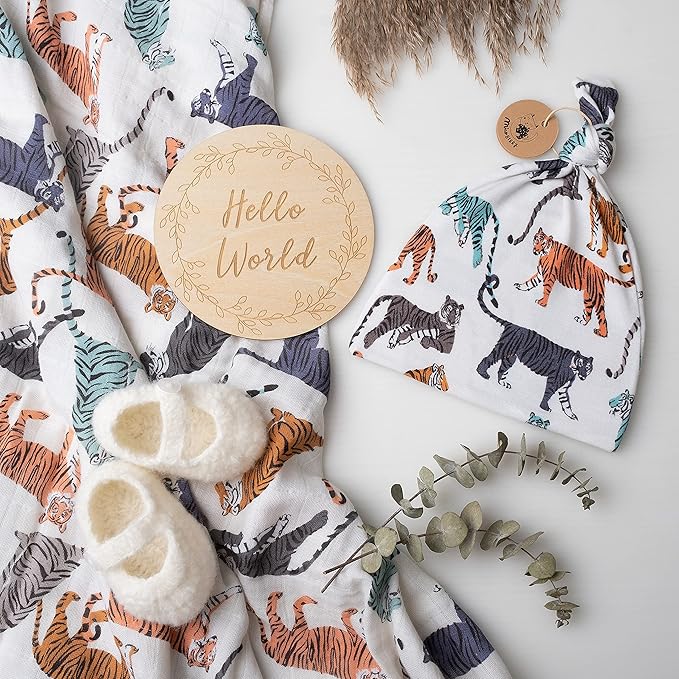 Miaoberry 100% Organic Cotton Baby Muslin Swaddle Blanket Set|Cream Tiger| Gender Neutral for Boys Girls|Yellow Mustard Orange Sun Rays| Hospital Newborn Receiving Blanket |Newborn Unisex