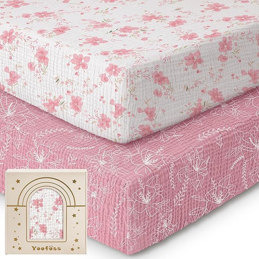 Yoofoss Muslin Pack and Play Sheets Fitted, Organic Mini Crib Sheets for Boys Girls, Playard Sheet Compatible with Pack N Play Mattress, Soft, Breathable and Durable 38"x26"