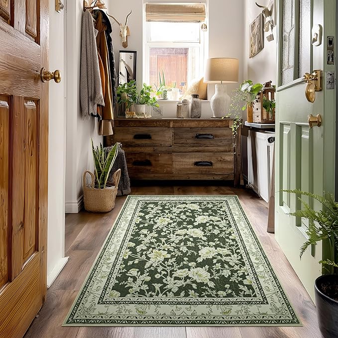 Olive Green Floral Print Area Rugs for Bedroom Living Room Boho Farmhouse Country Rustic Dining Room Carpet Soft Washable Rugs Non Slip Floor Covering for Nursery Playroom 2x3