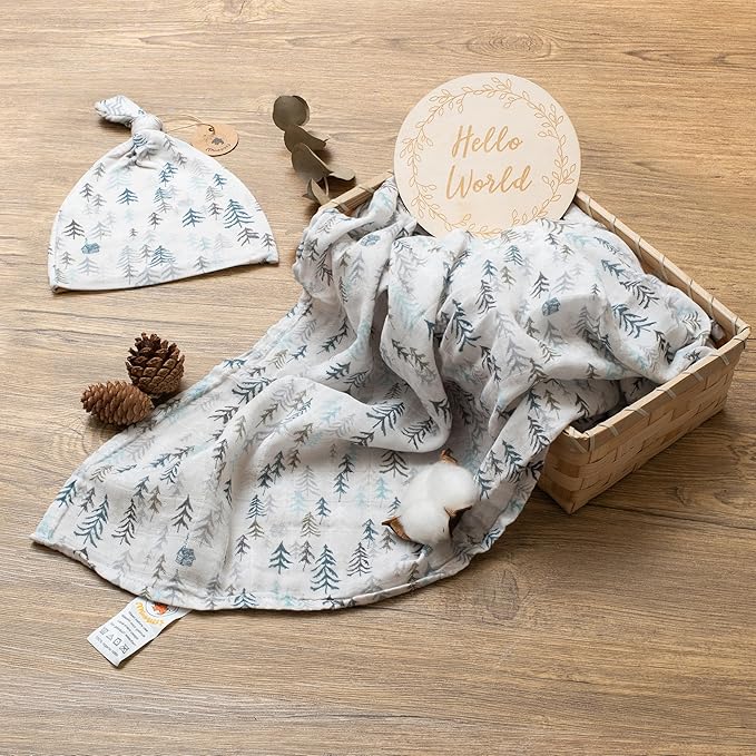 Miaoberry Forest Organic Muslin Swaddle Blankets for Baby Boy with Matching Hat and Wooden Hello World Newborn Sign | Newborn Photography Props | Birth Announcement Sign