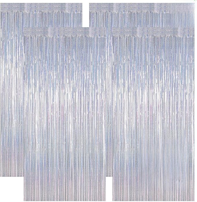 4 Pack New Year Party Fringe Backdrop, 3.28 FT x 7.05 FT Glitter Silver Tinsel Curtains, Metallic Foil Streamer Disco Fringe Backdrop Party Curtains, Birthday Party Supplies Disco Decorations
