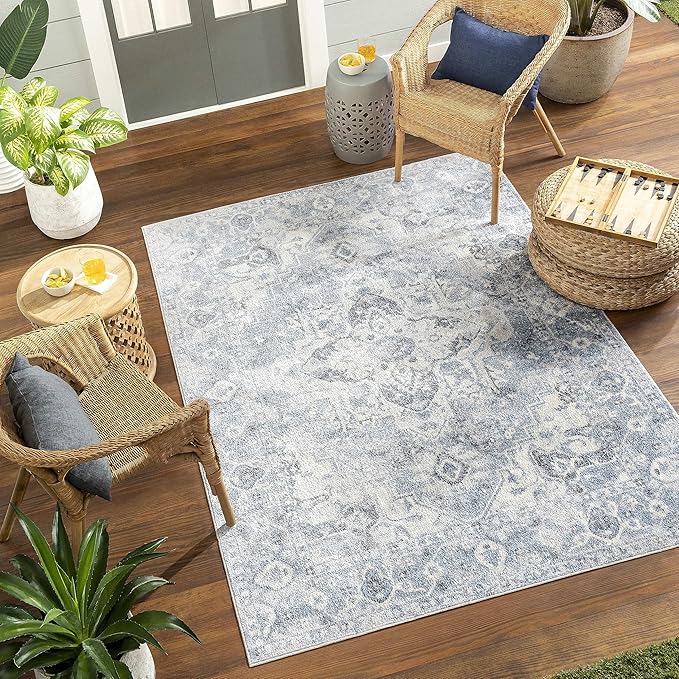 Mark&Day Washable Rugs, 7ft Round Moya Traditional Denim Blue Area Rug, Blue Ivory Black Carpet for Living Room, Bedroom or Kitchen (6'7" Round, Machine Washable)