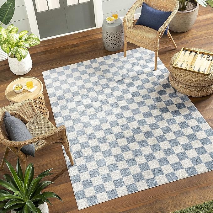 Mark&Day Washable Rugs, 3x7 Shaquina Modern Pale Blue Runner Checkered Rug, Blue Ivory Carpet for Hallway, Kitchen, Bedroom or Living Room (2'7" x 7'3" Runner, Machine Washable)