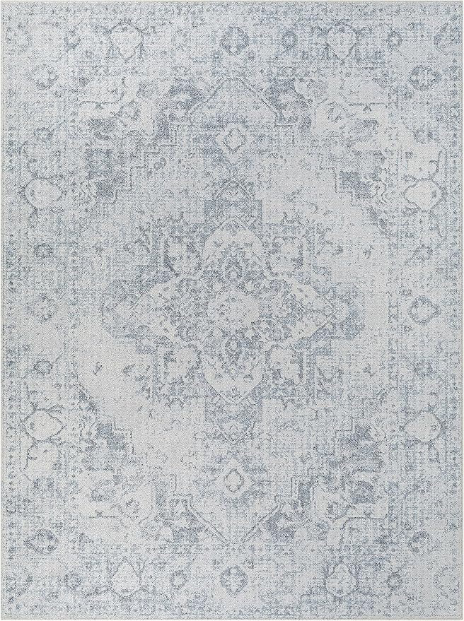 Mark&Day Washable Rugs, 9x12 Moya Traditional Navy Blue Area Rug, Blue Beige Grey Carpet for Living Room, Bedroom or Kitchen (9'2" x 12', Machine Washable)