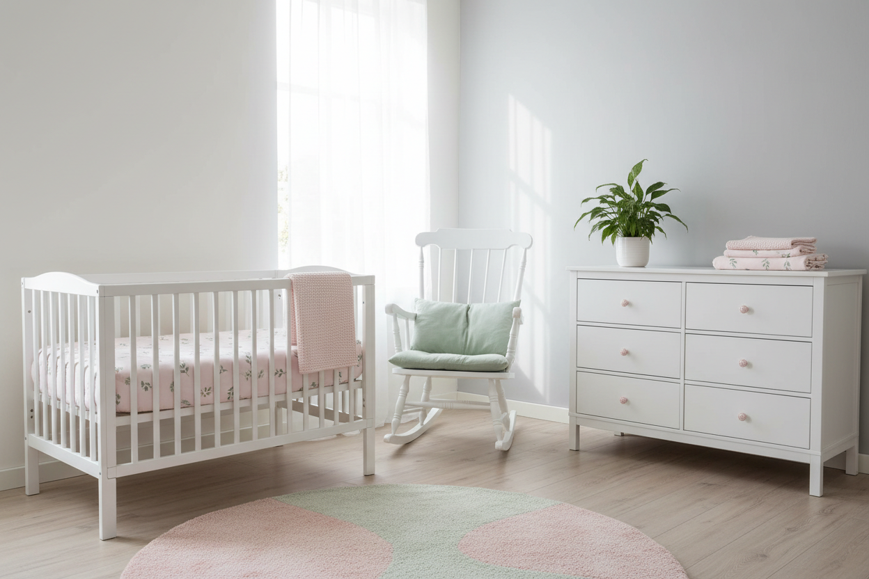 nursery furniture that boast a small hint of light pink and light green vibe